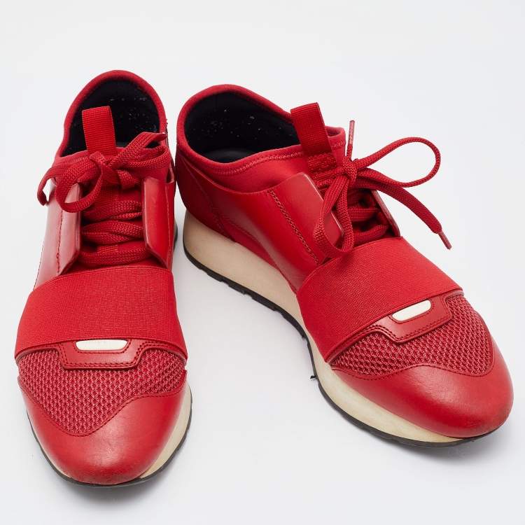 Pre Owned Balenciaga Red Leather and Mesh Race Runner Low Top Sneakers Size 37