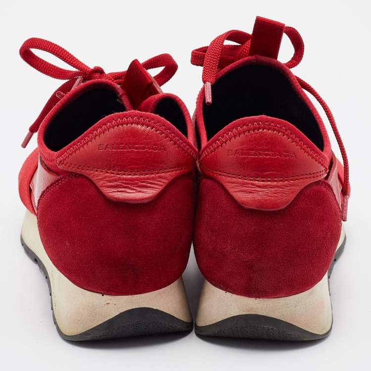 Pre Owned Balenciaga Red Leather and Mesh Race Runner Low Top Sneakers Size 37
