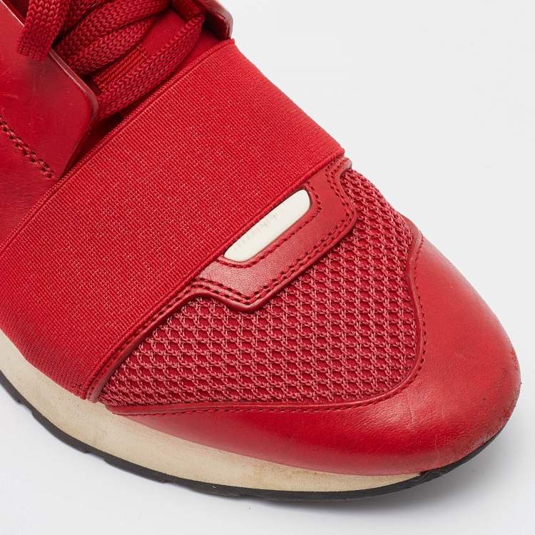 Pre Owned Balenciaga Red Leather and Mesh Race Runner Low Top Sneakers Size 37