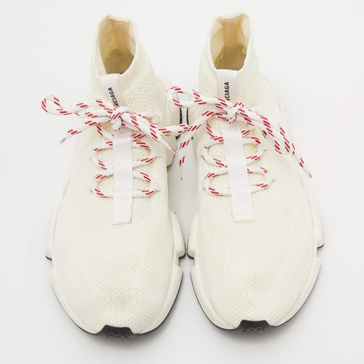 مملوكة مسبقًا Balenciaga Off White Knit Fabric Speed Lace Up High Top Sneakers Size 40