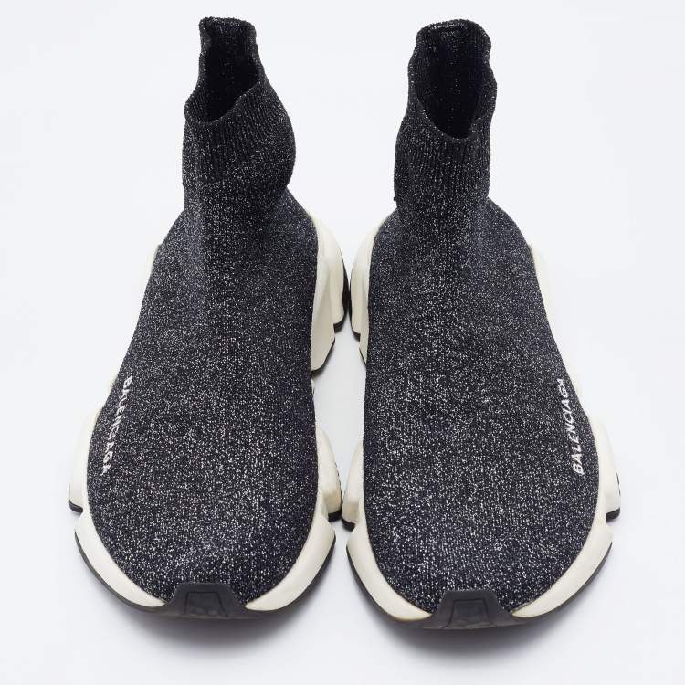 Pre Owned Balenciaga Black Shimmer Knit Fabric Speed Trainer Slip On Sneakers Size 38