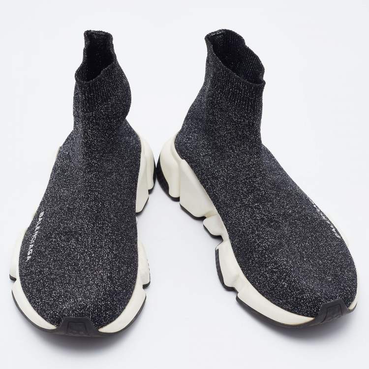 Pre Owned Balenciaga Black Shimmer Knit Fabric Speed Trainer Slip On Sneakers Size 38