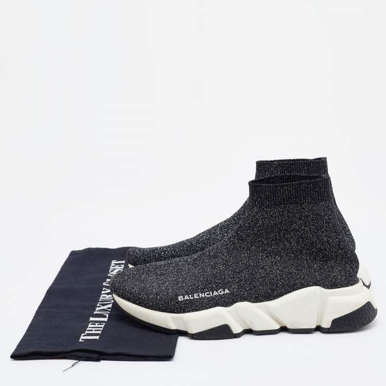 Pre Owned Balenciaga Black Shimmer Knit Fabric Speed Trainer Slip On Sneakers Size 38