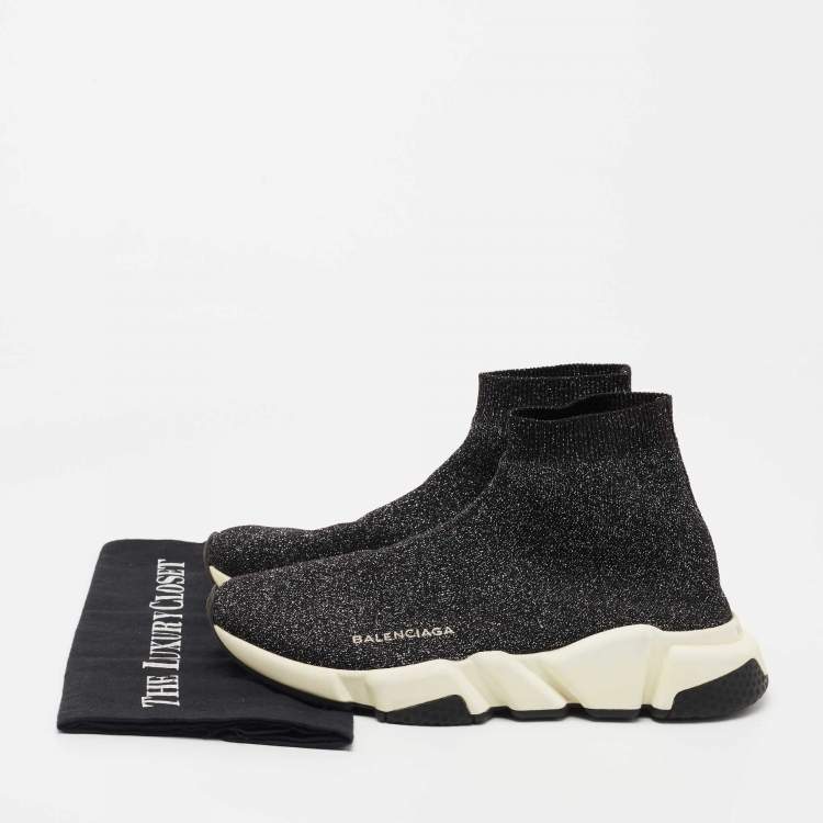 Pre Owned Balenciaga Black/Silver Glitter Fabric Sock Sneakers Size 39