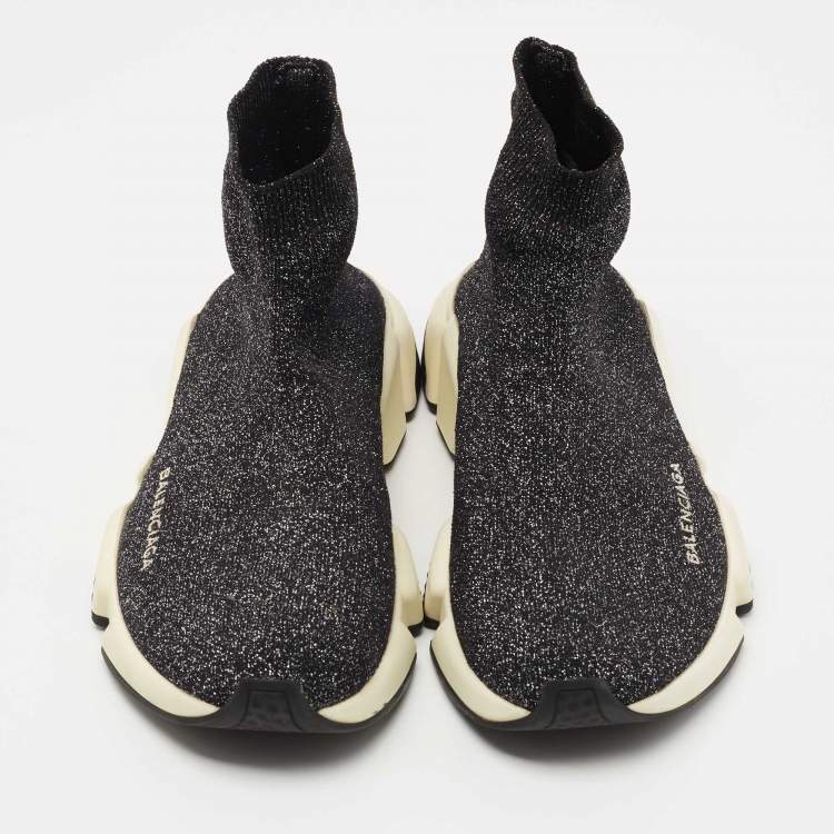 Pre Owned Balenciaga Black/Silver Glitter Fabric Sock Sneakers Size 39