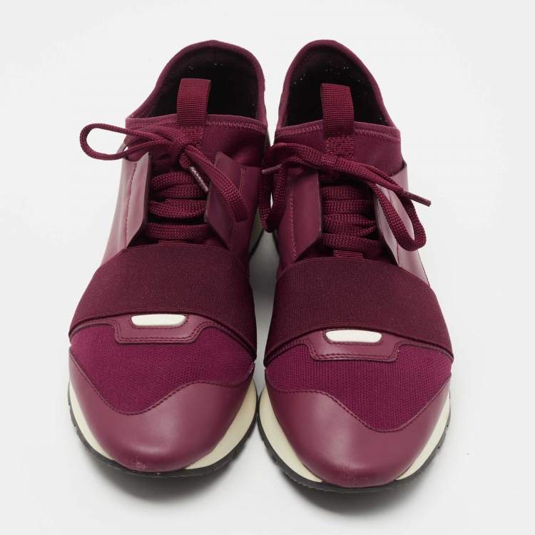 Pre Owned Balenciaga Burgundy Leather and Fabric Race Runner Sneakers Size 40 