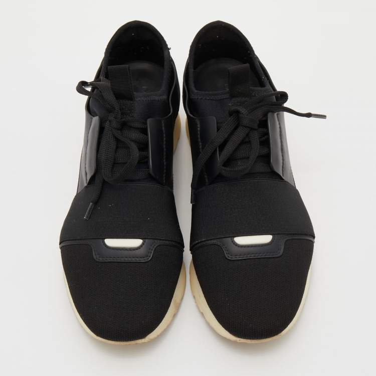Pre Owned Balenciaga Black Leather and Knit Fabric Race Runner Sneakers Size 37