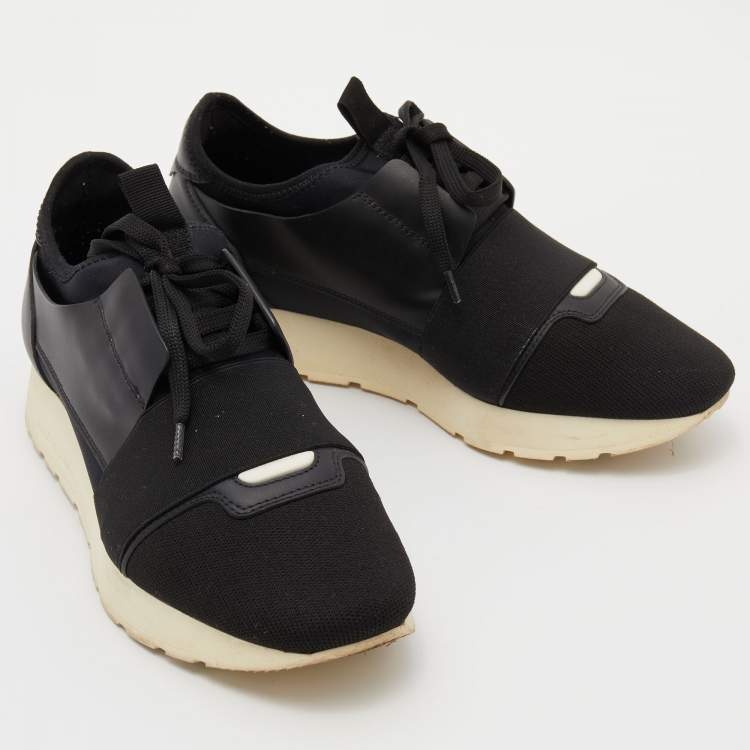 Pre Owned Balenciaga Black Leather and Knit Fabric Race Runner Sneakers Size 37