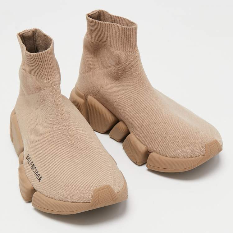Pre Owned Balenciaga Light Brown Knit Fabric Speed Trainer Sneakers Size 36