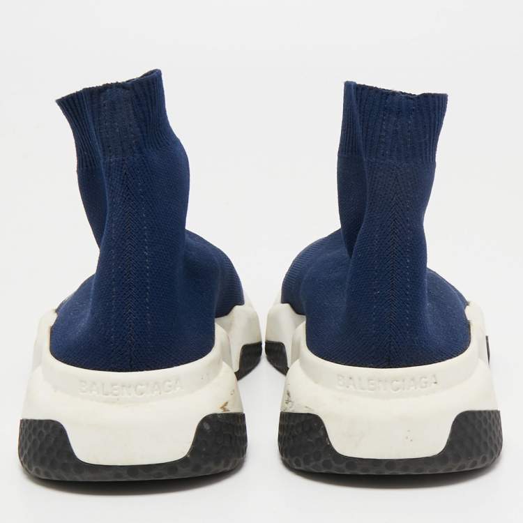Pre Owned Balenciaga Navy Blue Knit Fabric Speed Trainer Sneakers Size 36