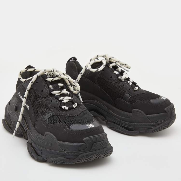 Pre Owned Balenciaga Black Mesh, Nubuck and Leather Triple S Sneakers Size 36