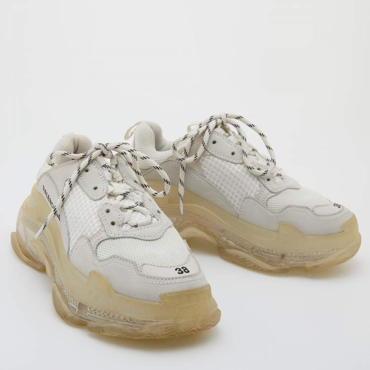 Pre Owned Balenciaga White Leather and Mesh Triple S Clear Sneakers Size 38