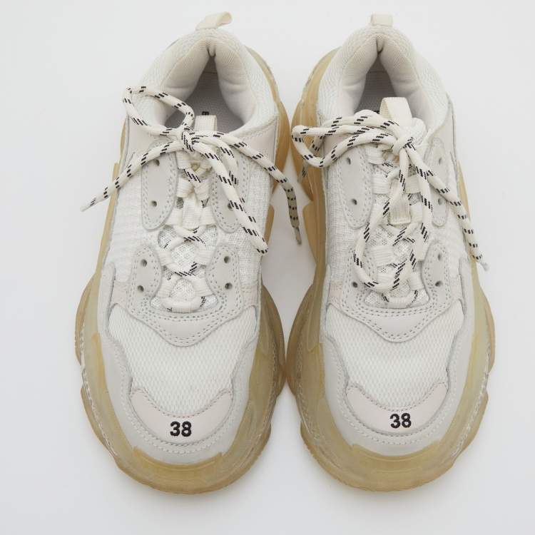 Pre Owned Balenciaga White Leather and Mesh Triple S Clear Sneakers Size 38