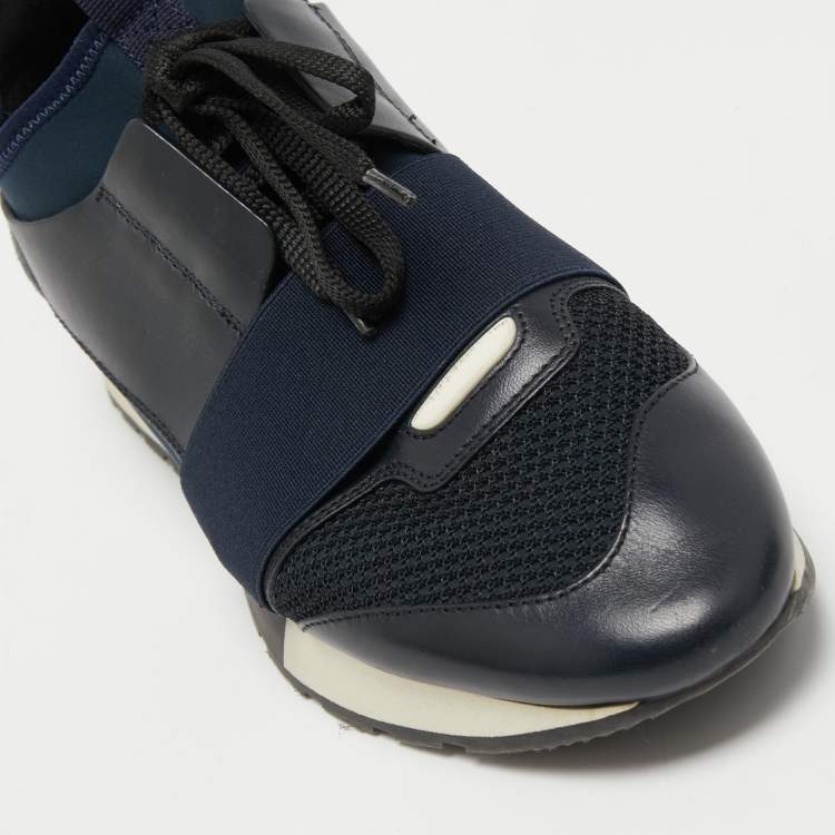 Pre Owned Balenciaga Navy Blue Leather and Suede Race Runner Sneakers Size 38