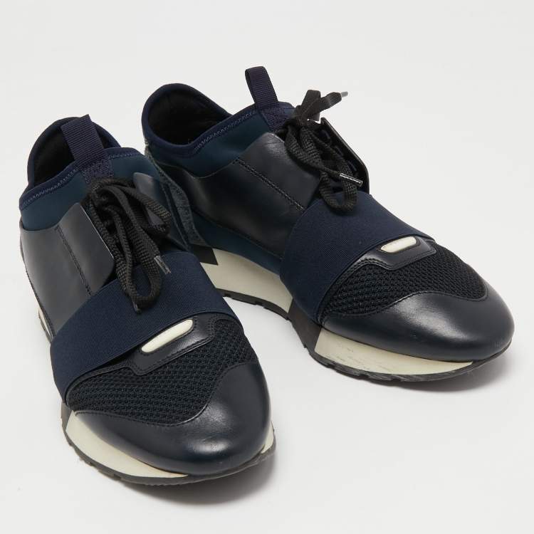 Pre Owned Balenciaga Navy Blue Leather and Suede Race Runner Sneakers Size 38
