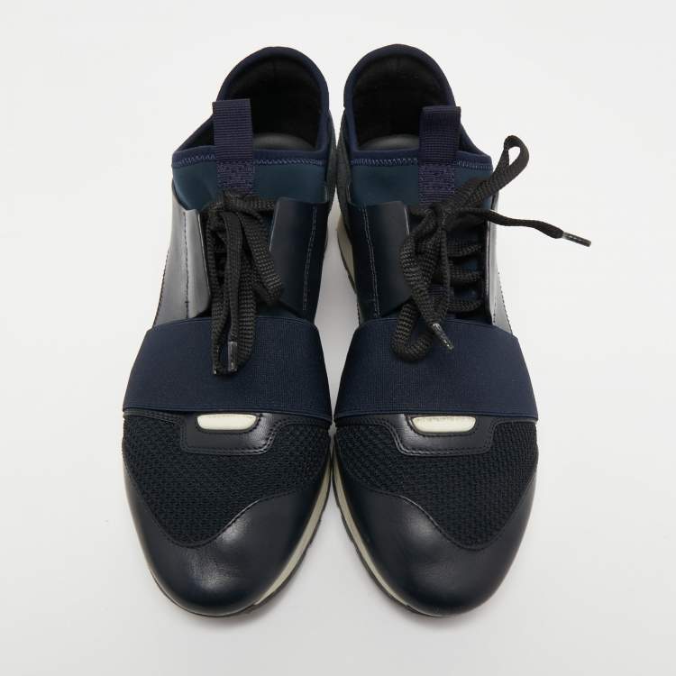 Pre Owned Balenciaga Navy Blue Leather and Suede Race Runner Sneakers Size 38