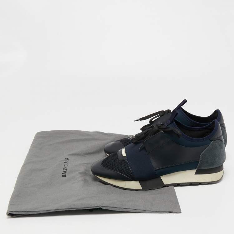 Pre Owned Balenciaga Navy Blue Leather and Suede Race Runner Sneakers Size 38
