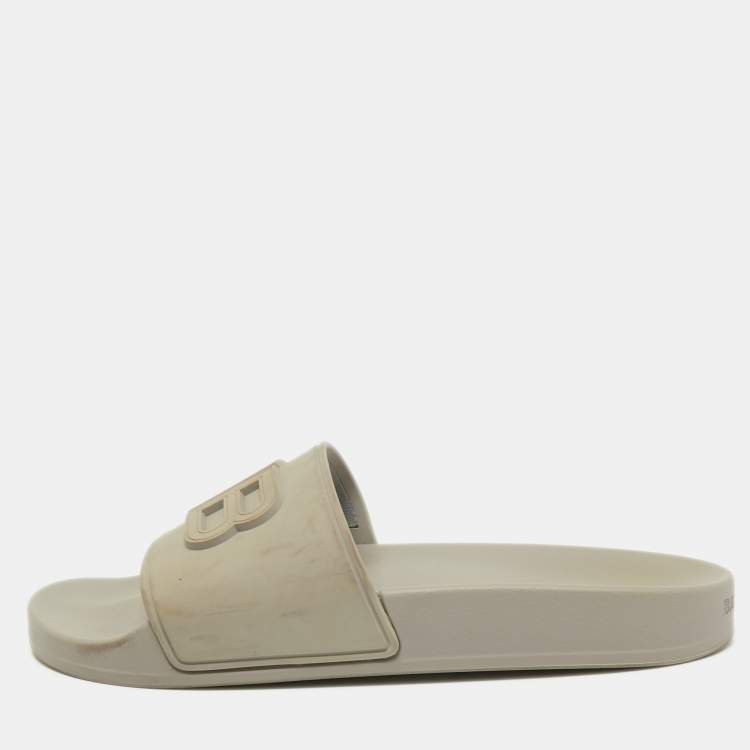 Pre Owned Balenciaga Grey Rubber BB Logo Flat Slides Size 37