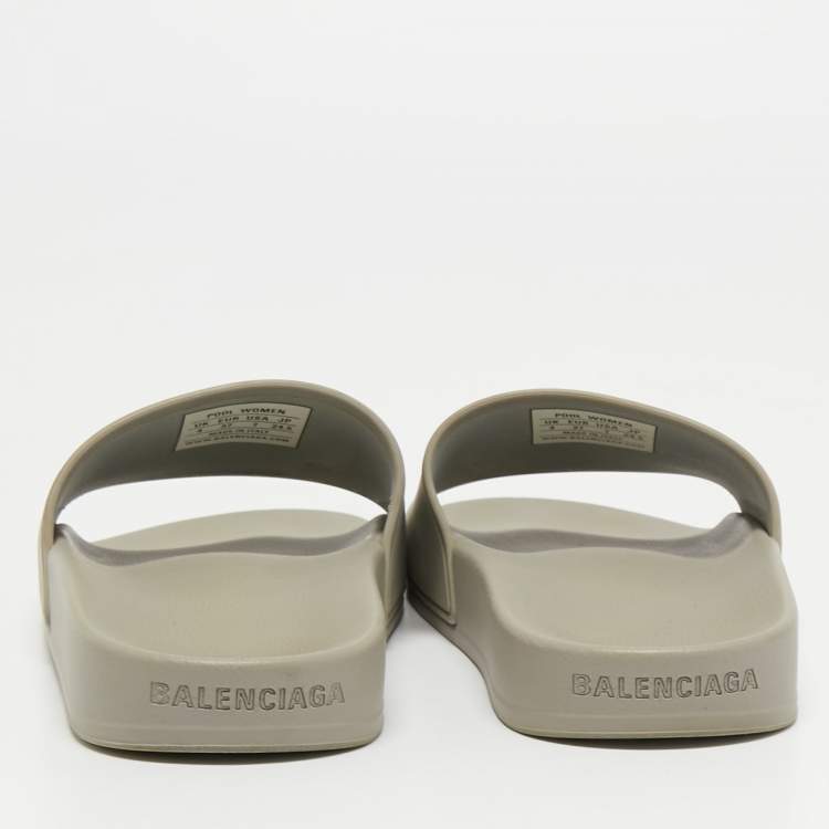 Pre Owned Balenciaga Grey Rubber BB Logo Flat Slides Size 37