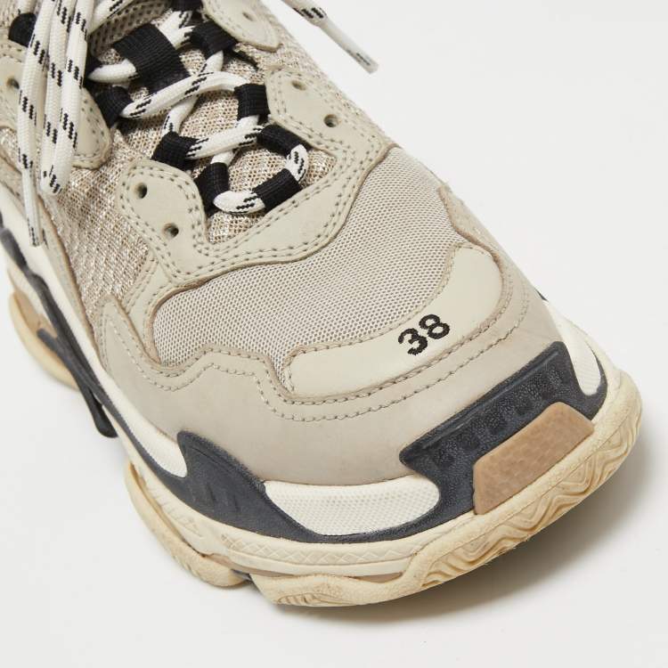 Pre Owned Balenciaga Light Grey Mesh and Leather Triple S Sneakers Size 38