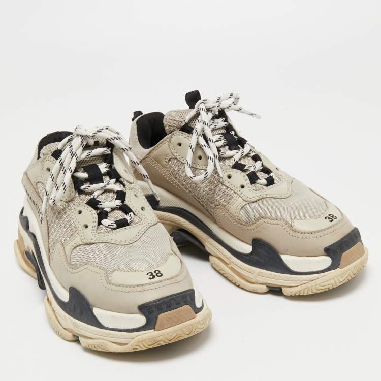 Pre Owned Balenciaga Light Grey Mesh and Leather Triple S Sneakers Size 38