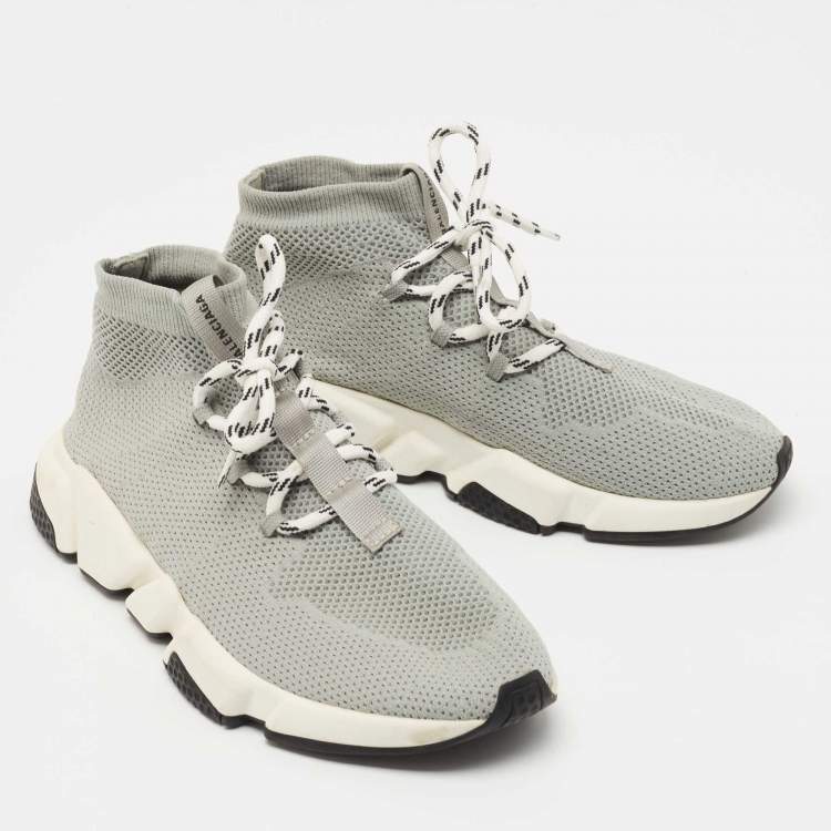 Pre Owned Balenciaga Grey Knit Fabric Speed Lace Up Sneakers Size 40