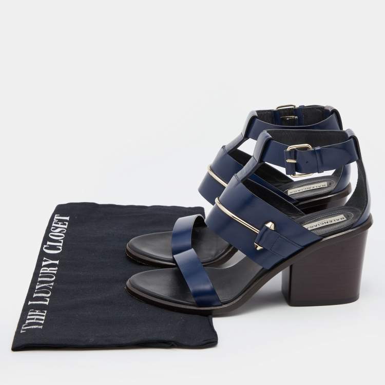 Pre Owned Balenciaga Navy Blue Leather Ankle Strap Sandals Size 37