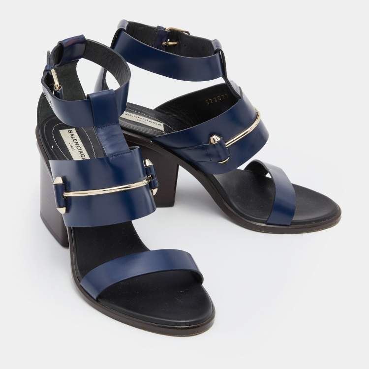 Pre Owned Balenciaga Navy Blue Leather Ankle Strap Sandals Size 37