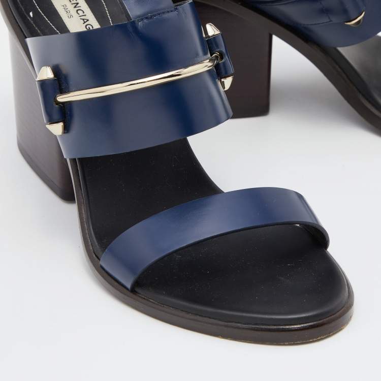 Pre Owned Balenciaga Navy Blue Leather Ankle Strap Sandals Size 37