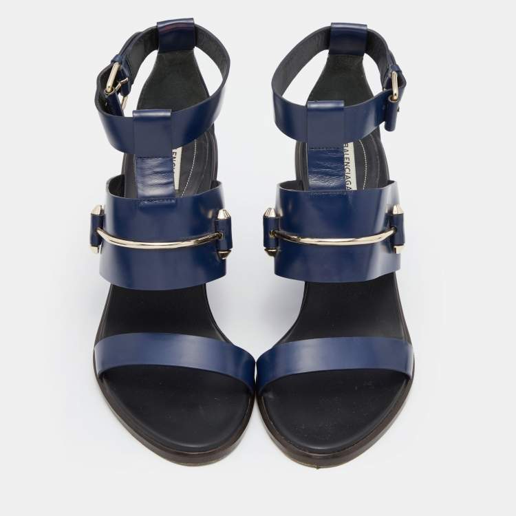 Pre Owned Balenciaga Navy Blue Leather Ankle Strap Sandals Size 37