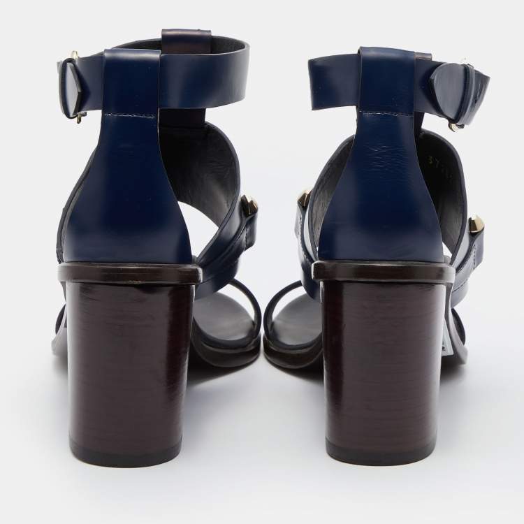Pre Owned Balenciaga Navy Blue Leather Ankle Strap Sandals Size 37