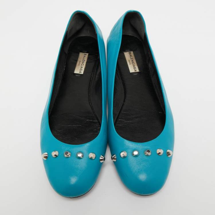 Pre Owned Balenciaga Blue Leather Studded Ballet Flats Size 40