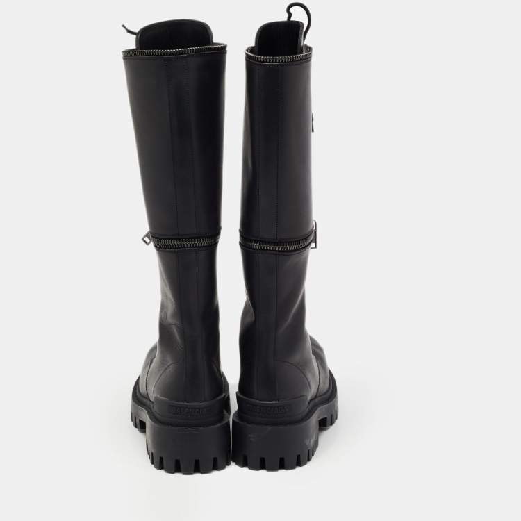 مملوكة مسبقًا Balenciaga Black Leather Combat Calf Boots Size 38