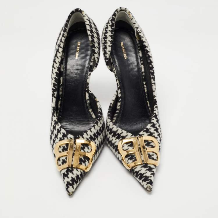 Pre Owned Balenciaga Black/White Tweed BB Pointed Toe D'orsay Pumps Size 39