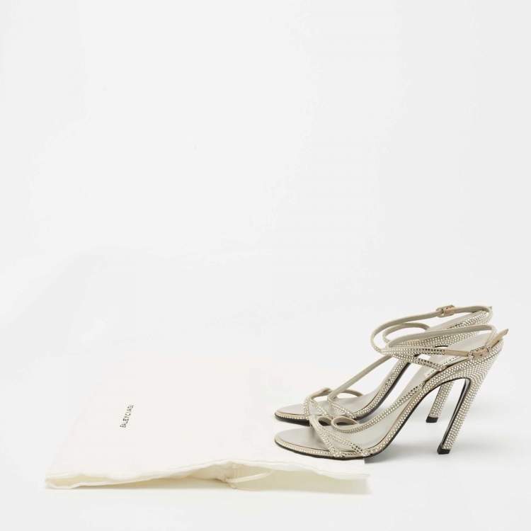 Pre Owned Balenciaga Silver Crystal Embellished Suede Ankle Tie Sandals Size 37