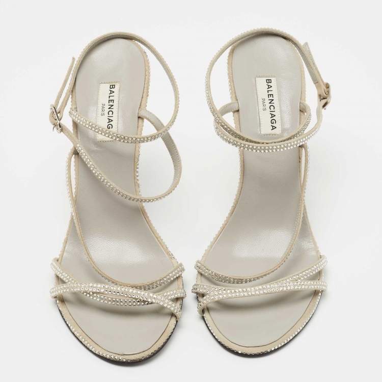 Pre Owned Balenciaga Silver Crystal Embellished Suede Ankle Tie Sandals Size 37