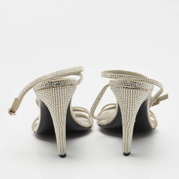 Pre Owned Balenciaga Silver Crystal Embellished Suede Ankle Tie Sandals Size 37