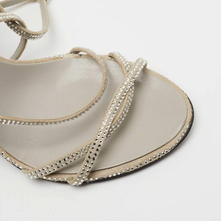 Pre Owned Balenciaga Silver Crystal Embellished Suede Ankle Tie Sandals Size 37