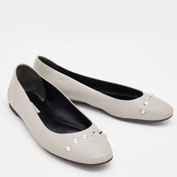 Pre Owned Balenciaga Grey Leather Arena Studded Ballet Flats Size 39.5