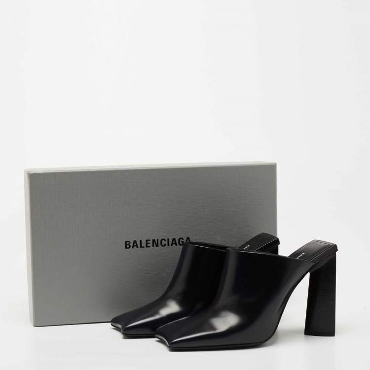Pre Owned Balenciaga Black Leather Square Toe Mules Size 36.5  
