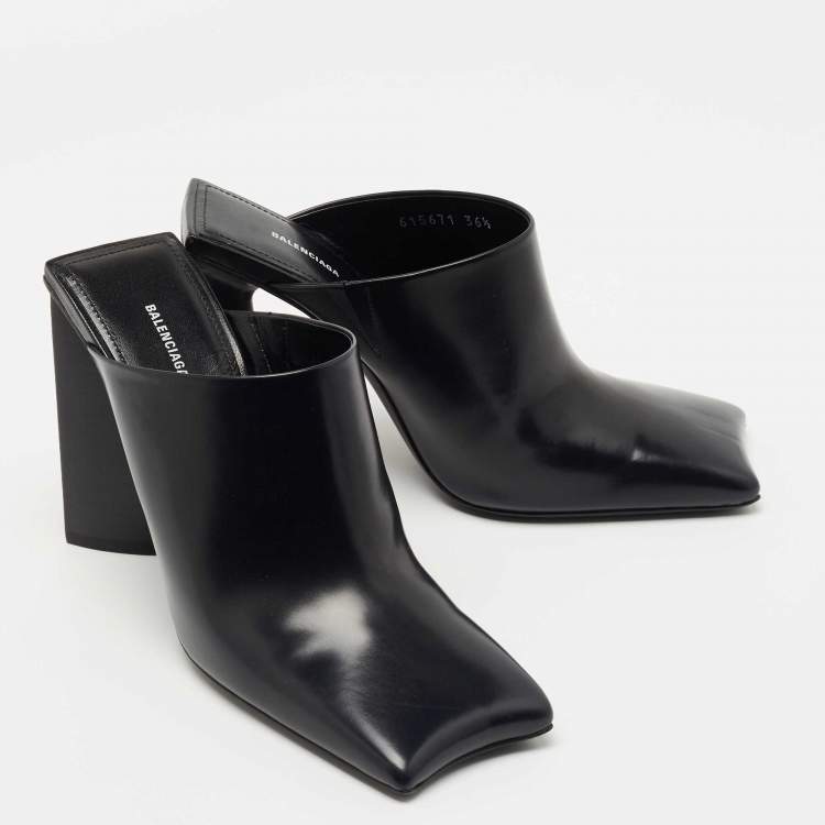 Pre Owned Balenciaga Black Leather Square Toe Mules Size 36.5  