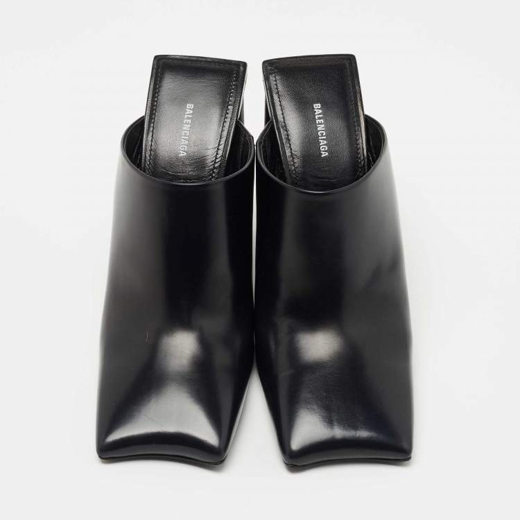 Pre Owned Balenciaga Black Leather Square Toe Mules Size 36.5  
