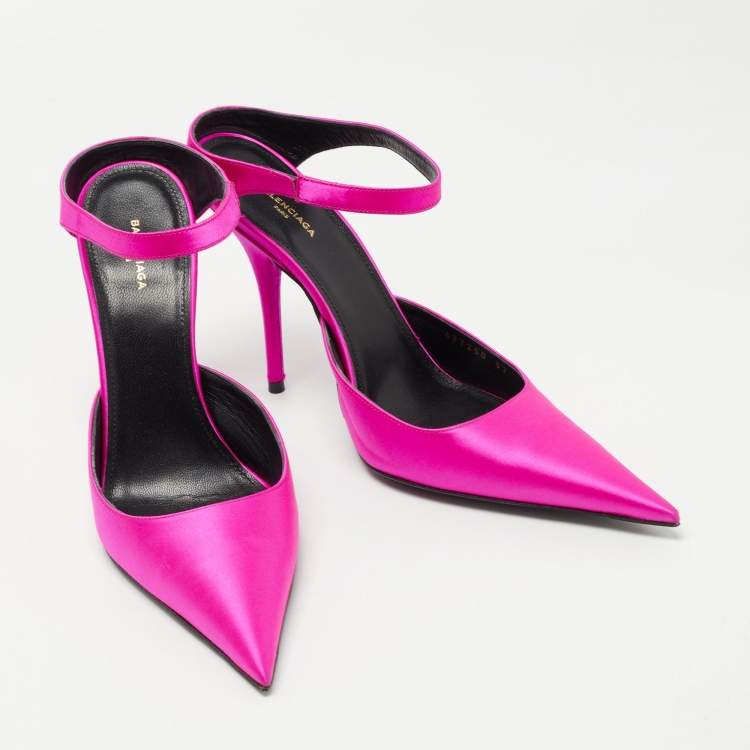 Pre Owned Balenciaga Pink Satin Pointed Toe Ankle Strap Pumps Size 37