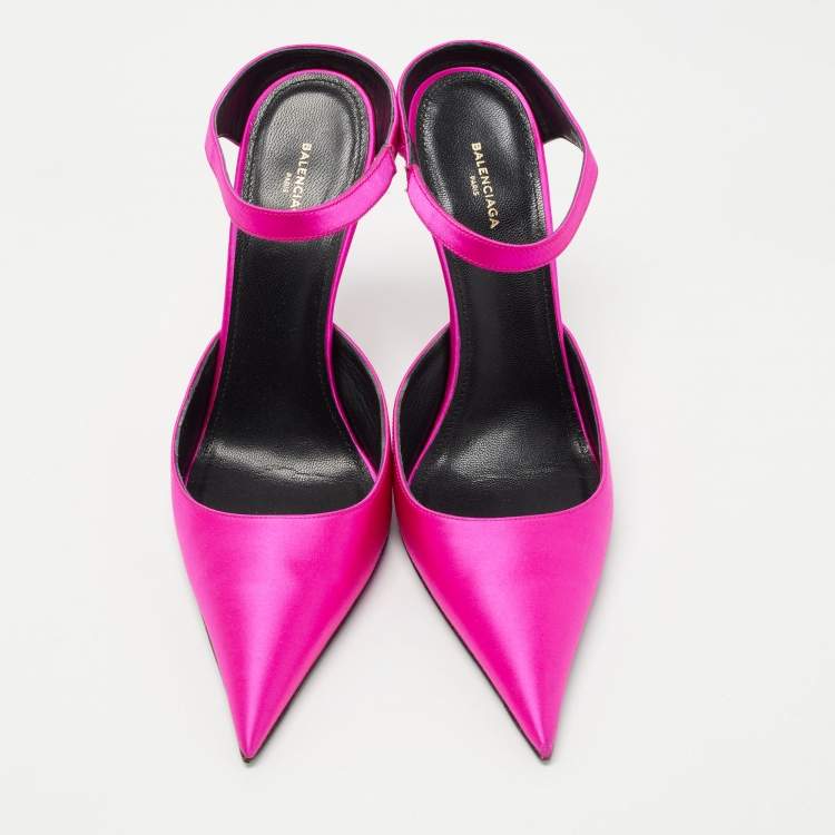 Pre Owned Balenciaga Pink Satin Pointed Toe Ankle Strap Pumps Size 37