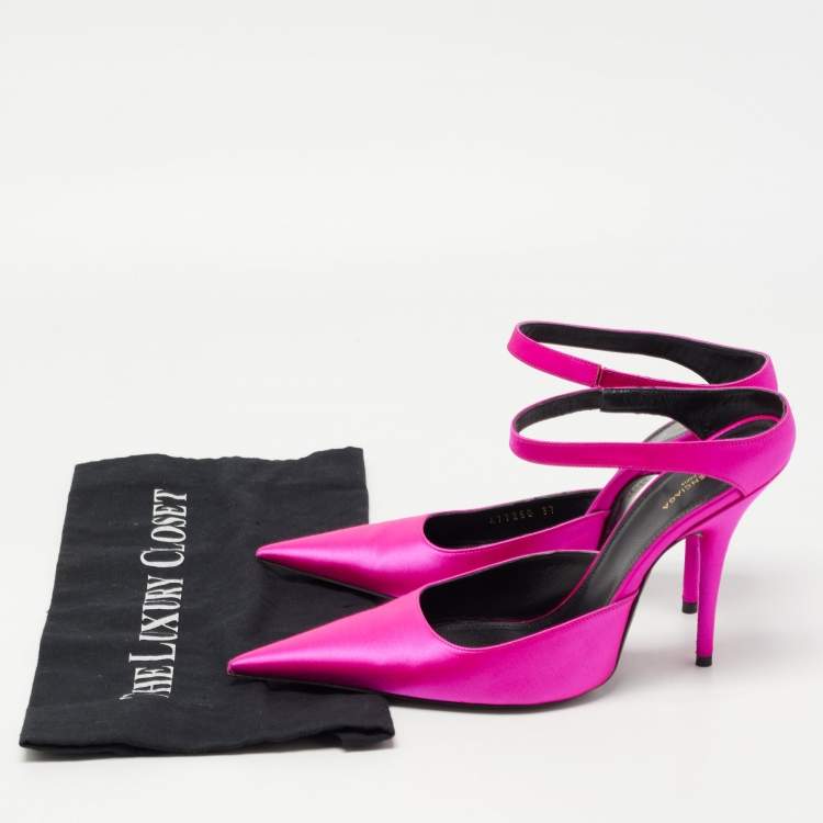 Pre Owned Balenciaga Pink Satin Pointed Toe Ankle Strap Pumps Size 37
