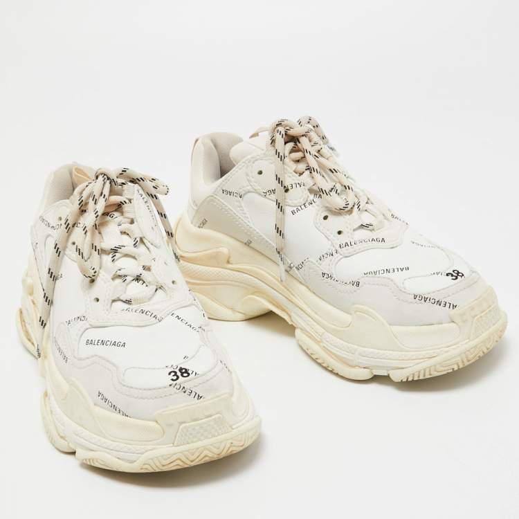 Pre Owned Balenciaga White/Grey Leather Triple S Sneakers Size 38