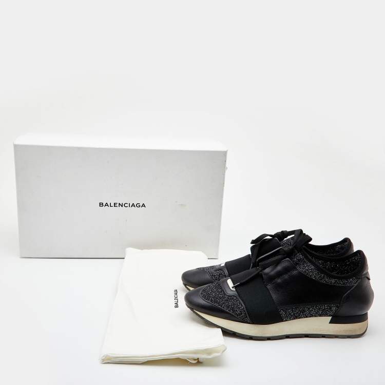 Pre Owned Balenciaga Black Leather, Metallic Knit Fabric and Stretch Band Race Runner Sneakers Size 38