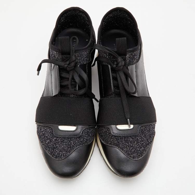 Pre Owned Balenciaga Black Leather, Metallic Knit Fabric and Stretch Band Race Runner Sneakers Size 38