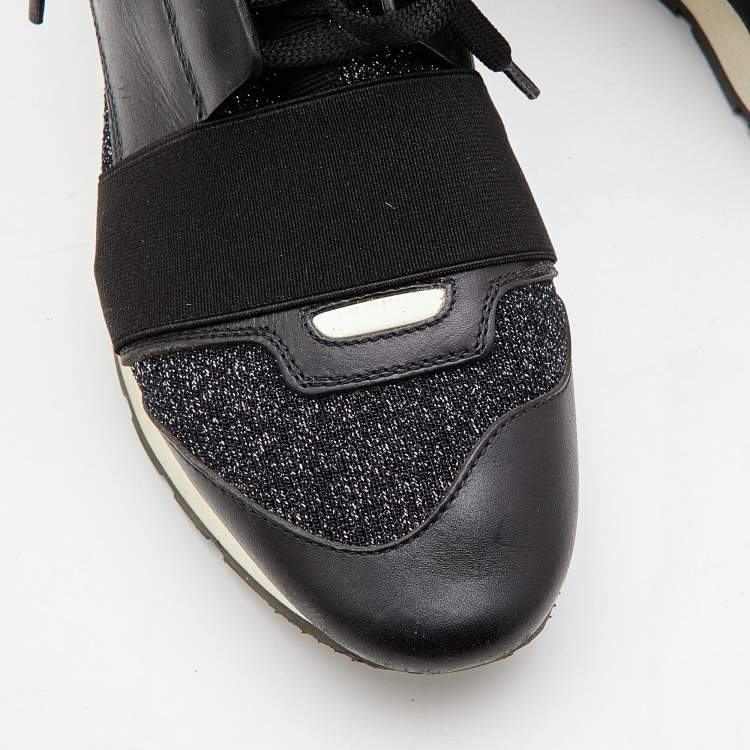 Pre Owned Balenciaga Black Leather, Metallic Knit Fabric and Stretch Band Race Runner Sneakers Size 38