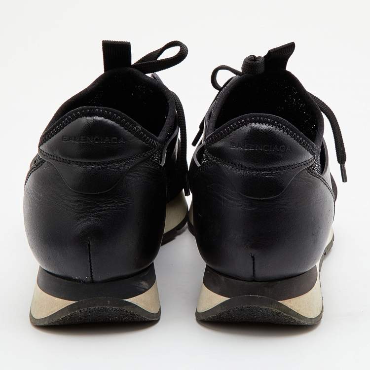 Pre Owned Balenciaga Black Leather, Metallic Knit Fabric and Stretch Band Race Runner Sneakers Size 38